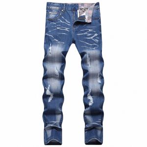 2022 NOWOŚĆ FI MENS COTT RIPED HORE DIANS Casual Slim Blue Blue Dżinsy Męs