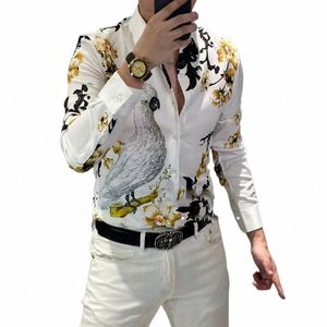 Trend Casual LG Sleeve Men's Floral Print Shirt Skjorta Autumn New Fi All-Match Single-Breasted Polo-Neck Shirts Male Clothes Y5LQ#