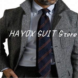 Tweed Men's Suit Ceket Vintage Single Breaded Busin Formal Erkekler Düğün Kostümü Homme Q4o3#