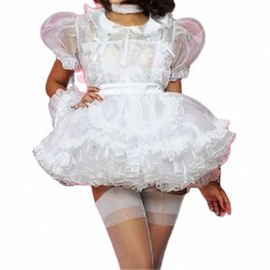 French Hot Selling Sexy Sissy Pink White Satin Shoulder Sheer Suspender Fluffy Lace Gothic Maid Costume Customizati F9M2#