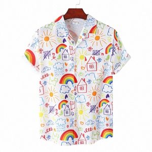 Verão arco-íris masculino vocati lapela camisas havaianas de grandes dimensões 3d impressão fi homens mulheres praia manga curta blusa meninos 36we #
