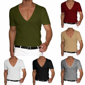 T-shirt da uomo Pantaloncini Manica profonda scollo a V Top Tinta unita T-shirt oversize Uomo Streetwear Pullover allentato T-shirt Primavera Estate Tee 04vW #