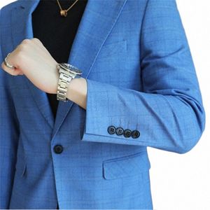 Luxury Single Breasted Suit Blazer Big Size 5xl LG Sleeve England Plaid Blue Men Costum Slim Fit Casual Jacket Male Clothes I1xp#