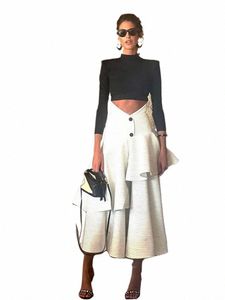 fi Ruffles Layer Women's High Waist Skirt Set Elegant Mock Neck Lg Sleeves Slim Crop Suit 2024 Chic Lady High Streetwear Y5l0#