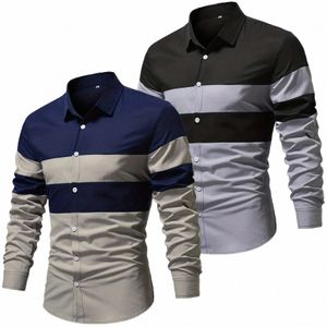 2023 Nya FI Men Colorblock randig skjorta 100% polyester LG Sleeve Casual Butt Up Ctrast Color Patchwork Shirt för män M5DL#