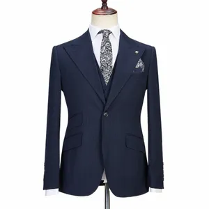 Navy Blau Nadelstreifen Anzüge Für Männer Slim Fit Einreiher Erreichte Revers Bräutigam Hochzeit Smoking Blazer Formale Party costum homme j6Rw #