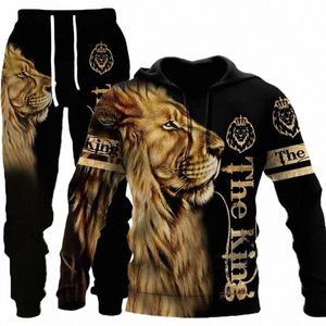 Herren Leo Tattoo Der König Liebe Li Tiger Tier 3D-Druck Outdoor Camoue Trainingsanzug Unisex Kleidung Anzug Hoodie Hosen 2-teiliges Set x4al #