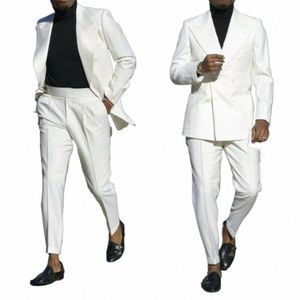 Anzüge für Männer Slim Fit FI 2 Stück Set Weiß Spitze Revers Männlich Blazer Busin Hochzeit Bräutigam Casual Smoking Jacke mit Hosen u6KN #