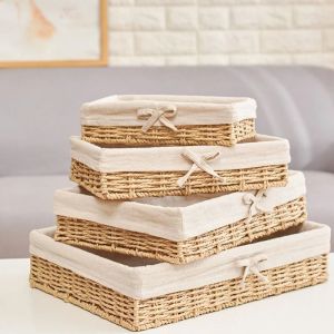 Baskets Handwoven Rattan Storage Basket With Cotton Lining Hotel Tray Towel Basket Storage Bread Fruit Cake Platter Kitchen Supplies