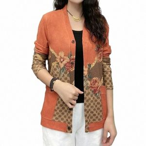 blommor tryckt vintage enbröst cardigan kvinnokläder 2024 Ny LG-ärmfi eleganta fickor avslappnade tröjor 52bq#