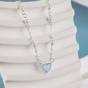 Anhänger KOFSAC Kristall Hellblau Herz Halskette Für Mädchen Geburtstag Geschenk Romantische S925 Silber Schmuck Mode Perle Schlüsselbein Kette