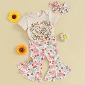 Kläduppsättningar födda spädbarn baby flicka sommarkläder kort ärm daisy roliga bokstäver romper topp blommor flare byxor pannband set boho bell