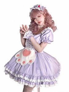 dolce Lolita Princ manica corta OP Dr Puple ragazze Cute Cat Paw Apr Maid Dres giapponese Tea Party Mini Dr Cosplay U2XE #