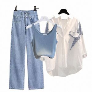2024 Spring/Summer New Matching Set Women's Casual Stripe Sunscreen Shirt+Vest+Jeans Three Piece Korean Elegant Denim Pants Set G0xe#