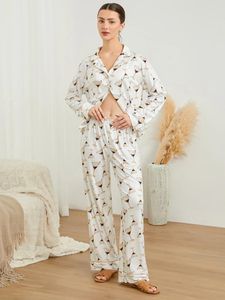 Home Clothing Y2K Women Pajama Outfit Wine Glass Print Long Sleeve Button Down Collar Shirt Pants 2 Piece Loungewear