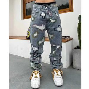 Męskie dżinsy American Heavy Industry Splating Knife Hole Patch Jeans Street Hip-Hop Loose Right Micro Flash Pants J240328