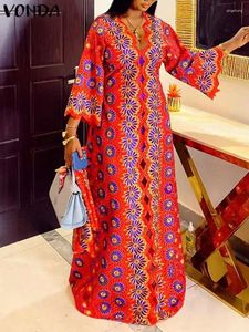 Casual Dresses Vonda 2024 Women Bohemian Long Dress Vintage Printed Party Maxi Sundress Summer Sexy V Neck 3/4 Sleeve Loose Vestidos