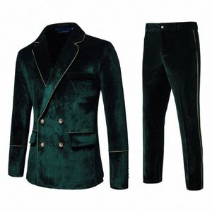 Dark Green Men Tuxedo Veet Suits 2st för fest Steg Performance Gold Trim Wedding Prom Banket Mens Set Jacket Dr Blazer J12p#