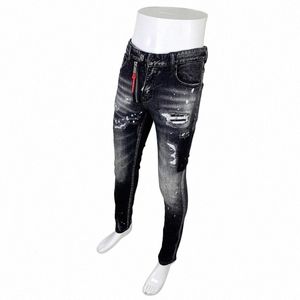 fi Streetwear Men Jeans Retro Black Gray Stretch Skinny Fit Ripped Jeans Men Painted Designer Hip Hop Brand Pants Hombre Z6Wx#
