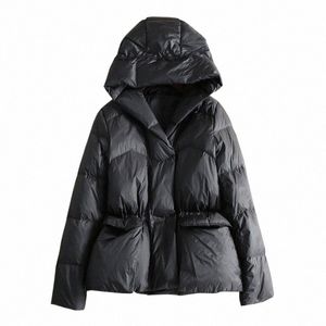 2023 Winter Vintage Women Black Hooded Lg sleeved Jacket Female Casual 90%White Duck Down Coat women I7nU#
