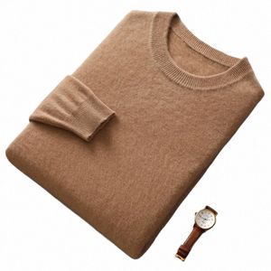 100% pure wool men's sweater O-neck knitted lg sleeved men's pullover basic solid color casual fi men's top n8u5#