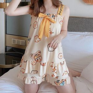 Home Clothing Korean Cute Style Summer Sleepwear Set Sling Shorts Pajama Women's Wear Clothes Print Loose Without Breast Pad