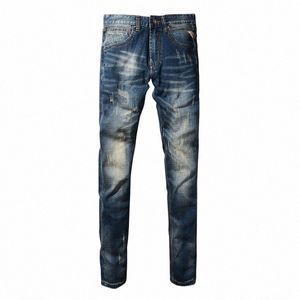 Recentemente Designer Fi Homens Jeans de Alta Qualidade Retro Wed Blue Stretch Slim Fit Rasgado Jeans Homens Vintage Denim Calças Hombre s6tw #