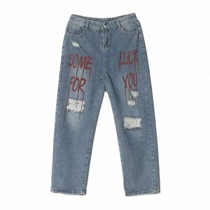 American Retro Letter Printing Designer Ripped Jeans Men Hip-Hop Motorcykelhål Jeans High Street Loose Denim Pants Men 90WP#