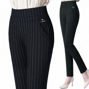 women's Trousers Stripes Black OL Formal Clothes For Woman Pant Autumn Winter Slim Femal Clothing Ankle-Length Elastic B L0pS#