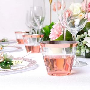 Engångskoppar sugrör 10/50/100st Golden Silver Plastic Cup 9oz Hard Wine Glass Party Wedding Transparent med guldfälg