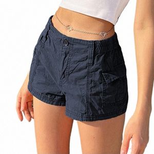 fi Damen Cargo-Shorts, einfarbig, Vintage, elastisch, lässig, Sommerhose, niedrige Taille, Shorts mit Taschen für Strand, Streetwear, S3ai #