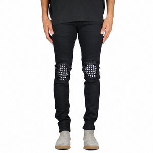 Heta nya mäns magra jeans män rippade grid nit stretch denim byxor man lapptäcke high street hip hop jeans byxor g2sw#