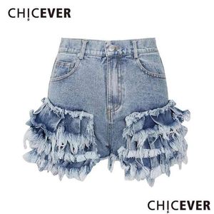 Kvinnors shorts chicever casual blått för kvinnor högt midja arbete ruffles fickor asmetriska smala kort byxa kvinnliga sommar 210719 droppe d dhzbg