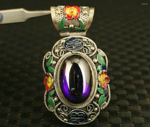 Dekoratif Figürinler Çin Eski Cloisonne Tibet Gümüş Kakma Viole Jade El Oyma Kolye Netsuke