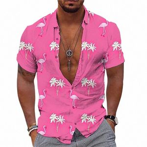 2023 Herrenhemd Hawaiianisches Hemd Flamingo Cocut Baumgrafiken 3D-Druck Straße Casual Kurzarmhemd Hohe Qualität U7FZ #