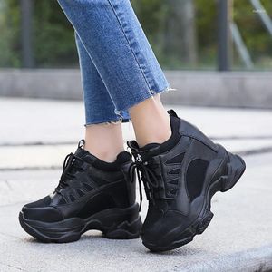 Sapatos casuais femininos botas de tornozelo primavera outono couro do plutônio mulher plataforma altura aumentada tênis 10 cm sola grossa cunhas