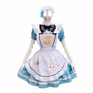 Mavi Alice Oyun Kartları Lolita Maid Dr Kostümler Cosplay Girls Woman Waitr Alice Poker Maid Party Sahne Kostümü H07U#