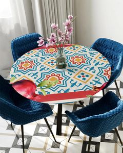 Tkanina stołowa vintage geometryczne wzór granatowy okrągły obrus elastyczny pokrycie wodoodporne dekoracja jadalni