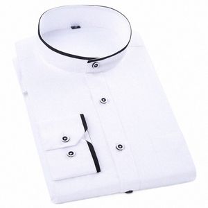 Mäns färgmatchning LG Sleeve Mandarin Collar Shirt Patch bröstficka Vanliga fit Dr-skjortor för businaktiviteter L7BR#
