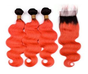 Czarne do pomarańczowego Ombre 2 TOON Human Hair Bundles z zamknięciem 1b Orange Ombre Body Wave Indian Hair Weves z koronkowym 4x4 Closure201558227
