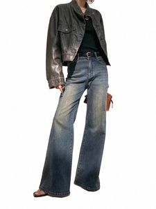 Estilo retro feminino cintura alta micro flared calças casuais jeans azuis vintage americano rua feminina calças jeans retas h5zZ #