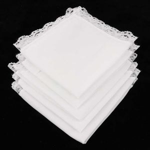 Handkerchiefs 5 womens embroidered cotton handles lace border white Hanky used for weddings parties and banquetsL2405