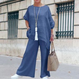 Pantaloni a due pezzi da donna T-shirt da donna Set elegante abito da donna da ufficio scollo a V manica lunga con vita alta gamba larga orlo irregolare solido