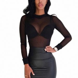 sexy Women Blouses See Through Transparent Mesh Stand Neck Lg Sleeve Sheer Blouse Shirt Ladies Tops Tee v3Ru#