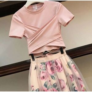 Floral Print Women T Shirt+mesh Skirt Suits Bowknot Vintage Two Piece Sets Elegant Woman Skirt 2019 Summer Girl Tees Tops Female 980