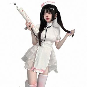 kawaii Lolita Women Halen Dres Nurse Maid Cosplay Costumes Sexy Lingerie Mesh Mini Dr Role Play Backl Uniform Set 44Br#