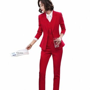 3 Pieces Set Women Vest Blazer Jacket and Pant Suit Office Lady Formal Busin Work Career Wear Clothes Red Black Uniform S-5XL f9V0#