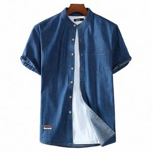 メンズブルーデニムシャツ半袖ジャンシャツ2023夏の高品質メンコットライトブルーデニムシャツプラスサイズL-8XL B4EZ＃