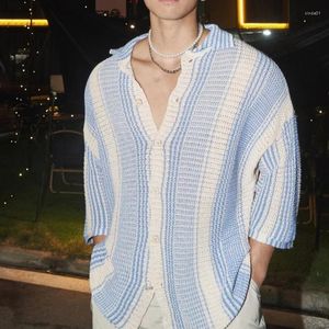 Men's Casual Shirts Fashion Contract Color Short Sleeve Button Lapel Tops Men Clothing Loose Beach Cardigan 2024 Summer Mens Knitted