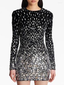 Casual Dresses High Street est Fashion 2024 Designer Women's Long Sleeve Luxurious Sequined Crystal Pärled Velvet Mini Dress